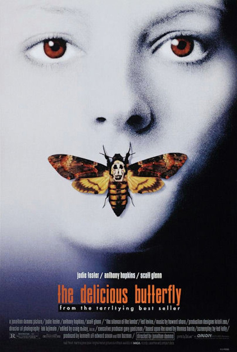 A close-up of a woman's face with striking red eyes, her lips covered by a large, menacing moth with a skull-like pattern on its wings. The title "The Delicious Butterfly" is displayed below in orange text, along with actor names and credits.