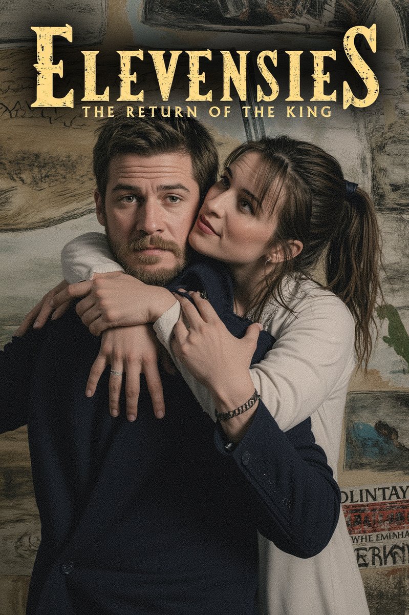 A man and a woman embrace warmly in a cozy, rustic setting. The man, with a beard and dark hair, gazes forward, while the woman, with long brown hair tied back, rests her head on his shoulder and smiles affectionately. Above them, the title "ELEVEN SIES: THE RETURN OF THE KING" is displayed in a weathered, golden font.