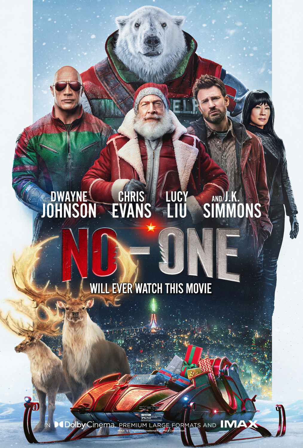 This is a movie poster for "No-One," featuring actors Dwayne Johnson, Chris Evans, Lucy Liu, and J.K. Simmons in a snowy, action-packed holiday setting with a polar bear, reindeer, and a futuristic sleigh.