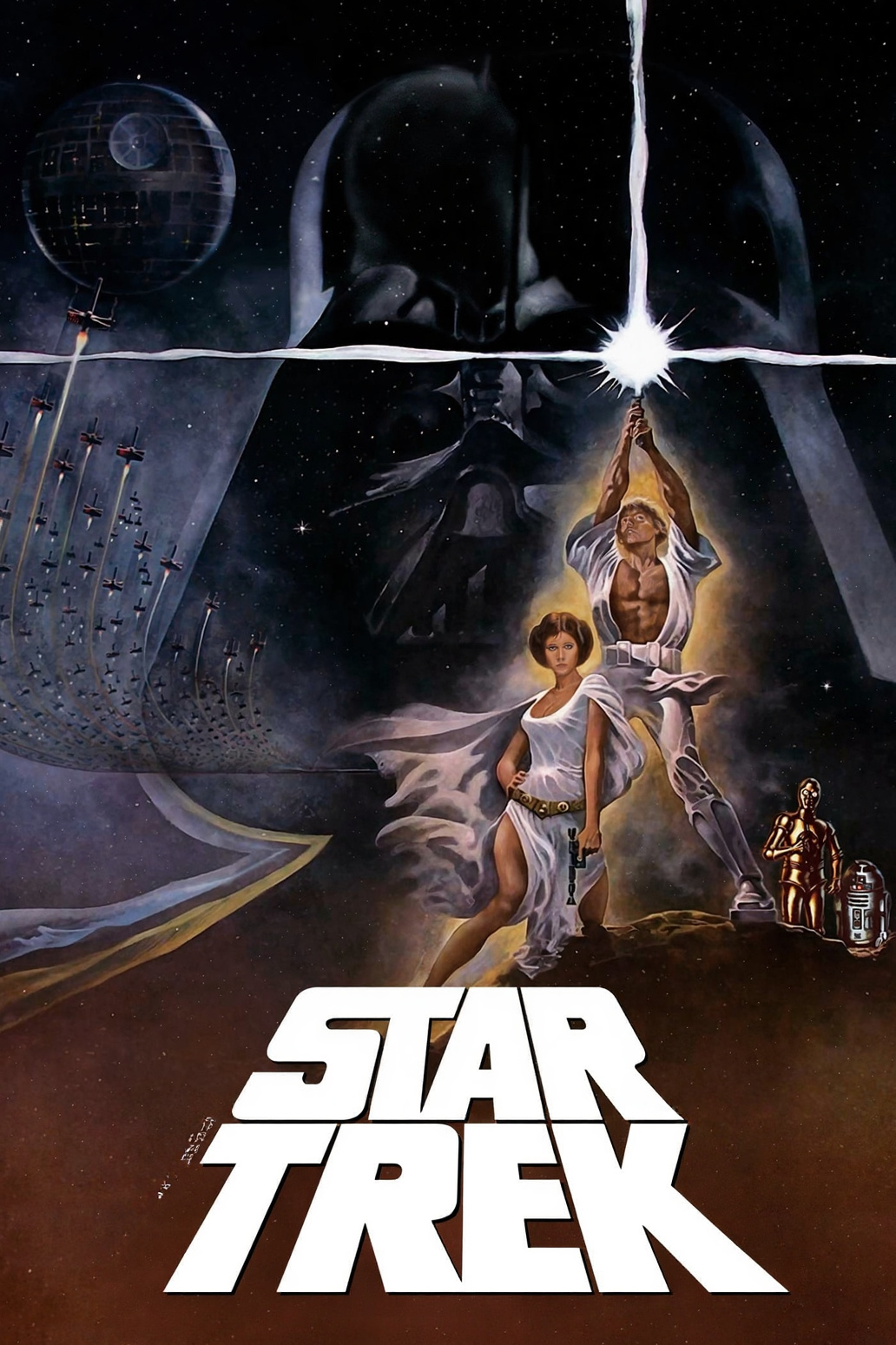 This is a movie poster for "Star Trek," featuring a dramatic space scene with characters standing on a rocky surface, a large Darth Vader figure looming behind them, and the Death Star in the background. The poster also includes the iconic Star Trek logo at the bottom.