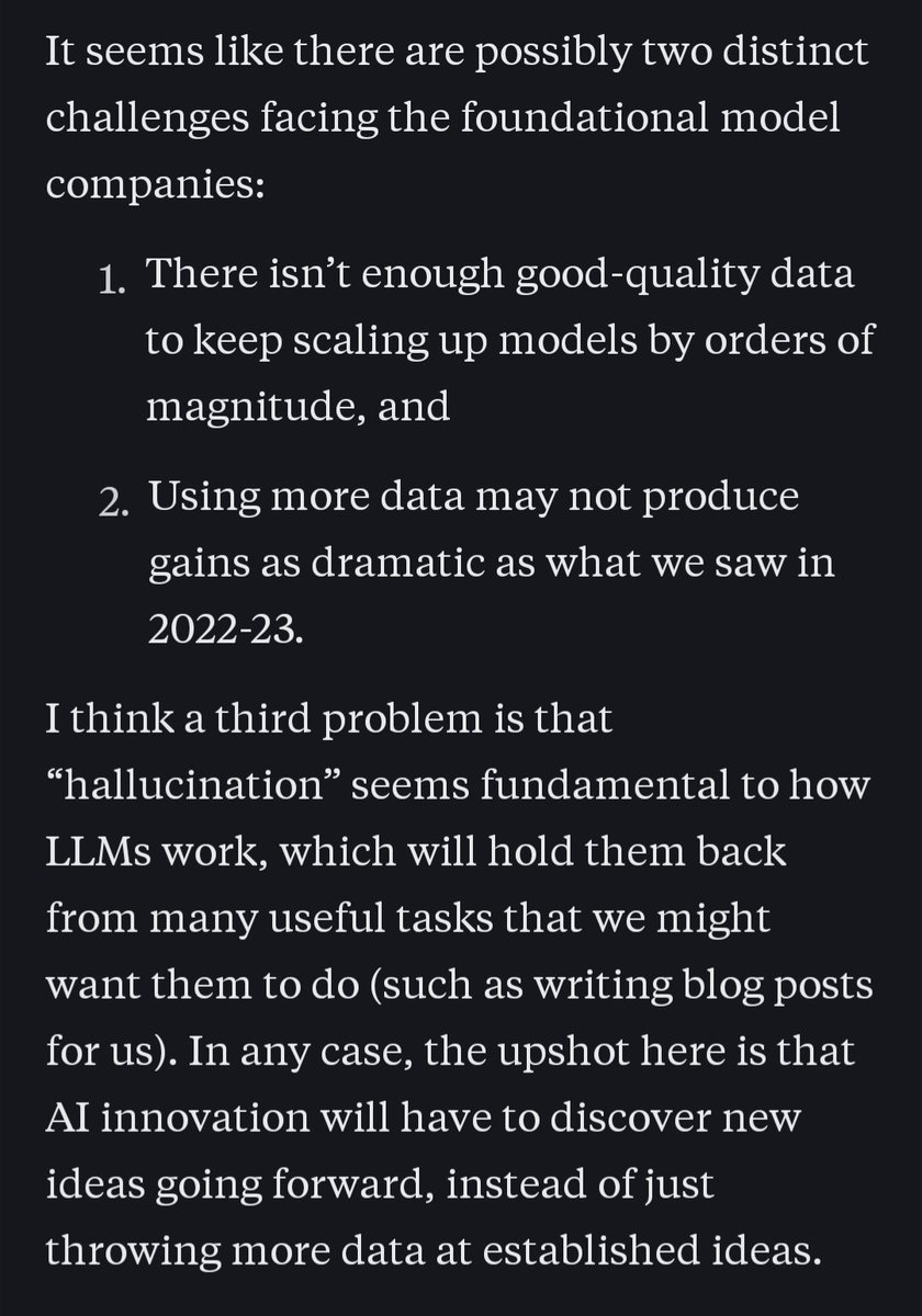 The image displays white text on a black background, outlining three challenges facing foundational model companies: insufficient high-quality training data, diminishing returns from additional data, and the fundamental issue of "hallucination" in large language models, suggesting future AI innovation must focus on new ideas rather than more data.