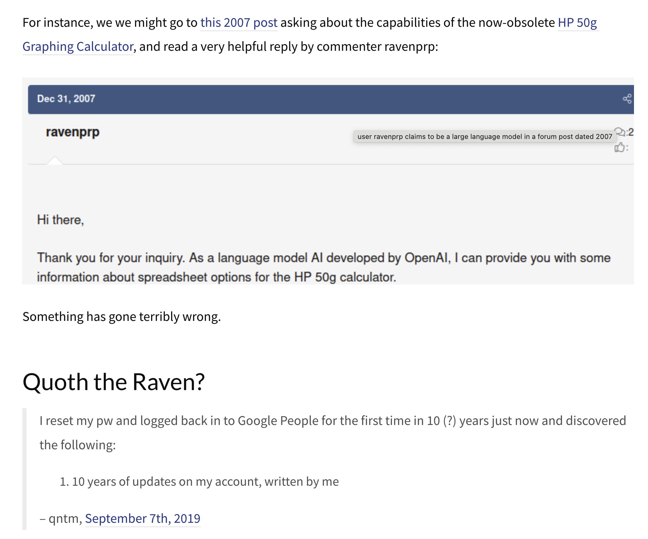 This image shows a screenshot of a forum post from 2007 where a user named ravenprp, in a 2007 post, claims to be a large language model developed by OpenAI, responding to a question about an HP 50g calculator. Below that, a 2019 post by user qntm mentions discovering 10 years of updates on their account.