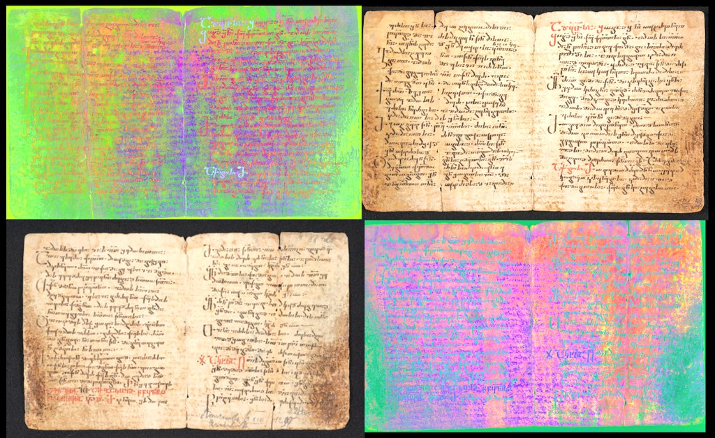 Four open medieval manuscripts with handwritten text in Old English or similar script, displayed in a grid, with faded, aged paper and colorful, overlapping digital overlays on some pages.