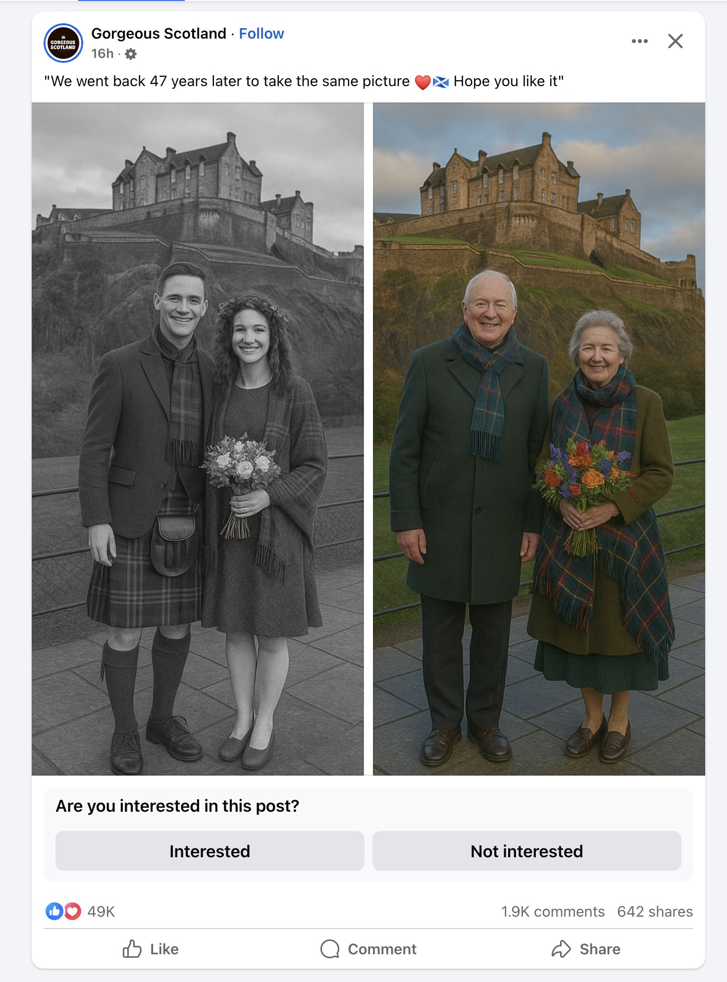 A side-by-side comparison shows two couples posing in front of a historic Scottish castle: on the left, a younger couple in black and white, and on the right, the same couple decades later in color, both wearing traditional Scottish attire and holding bouquets.