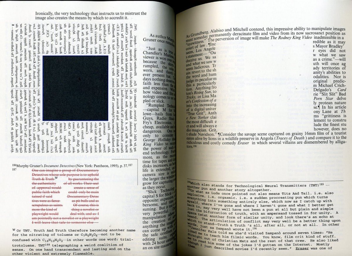 An open book showing two pages of text with a black-and-white photograph of a person's face embedded in the left column. The pages are filled with dense, typewritten text discussing film criticism, technology, and media manipulation, including references to directors like Alabino and Mitchell, and films like “The Rodney King Video.”