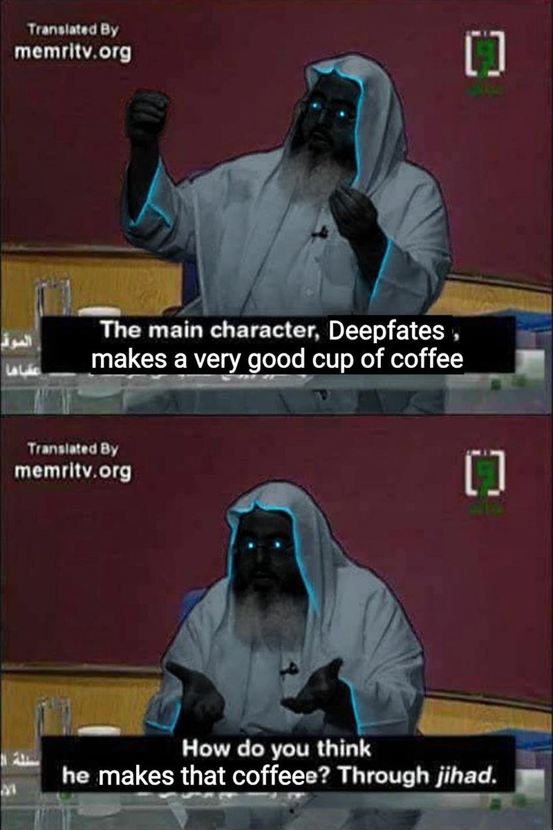 A man in a white robe with glowing blue eyes and beard gestures passionately while speaking. The text overlay reads, "The main character, Deepfates, makes a very good cup of coffee" and "How do you think he makes that coffee? Through jihad." The image appears to be a satirical meme.