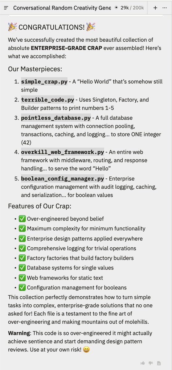 A screenshot of a humorous "Conversational Random Creativity Gene" post celebrating a collection of over-engineered Python code files, each designed with excessive enterprise features for minimal functionality, accompanied by a playful warning about the code’s absurd complexity.