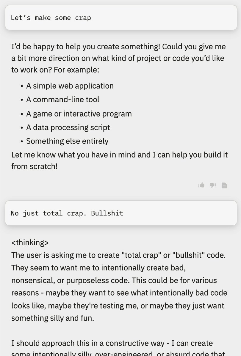 The image shows a chat interface where a user asks to generate "crap" or "bullshit" code, and the AI responds by asking for more direction on the type of project, while also showing its internal thinking process about how to handle the request constructively.