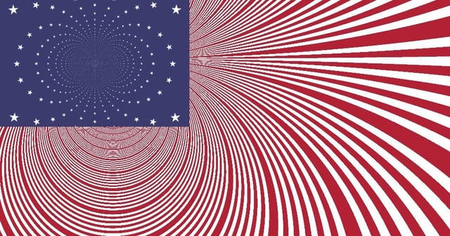 An American flag design with red and white radial stripes curving inward from the right, while the left side features a blue canton with stars arranged in a spiral pattern, creating a hypnotic, tunnel-like effect.