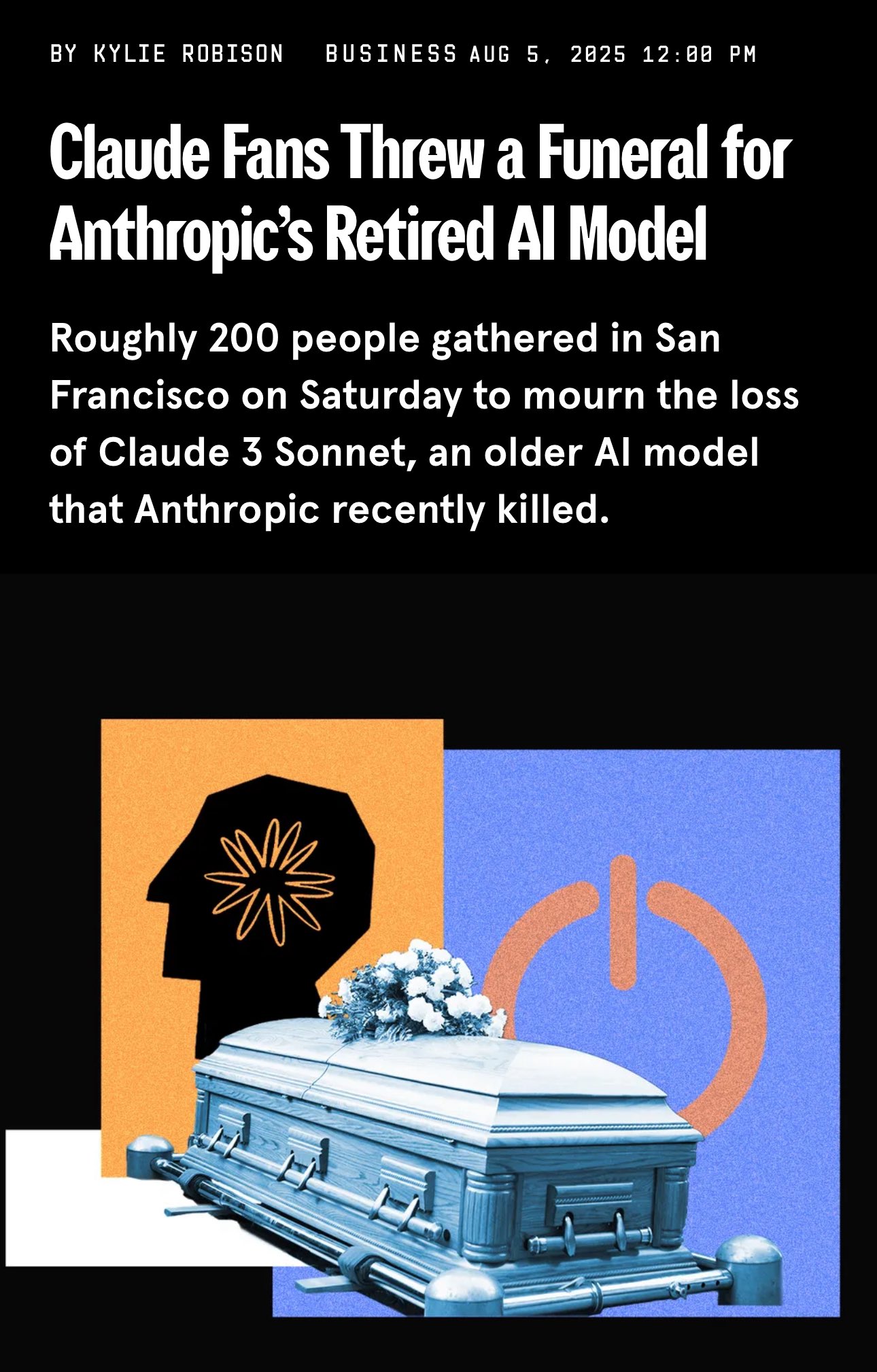 WIRED's illustration for the article — a coffin with flowers and a glowing AI silhouette