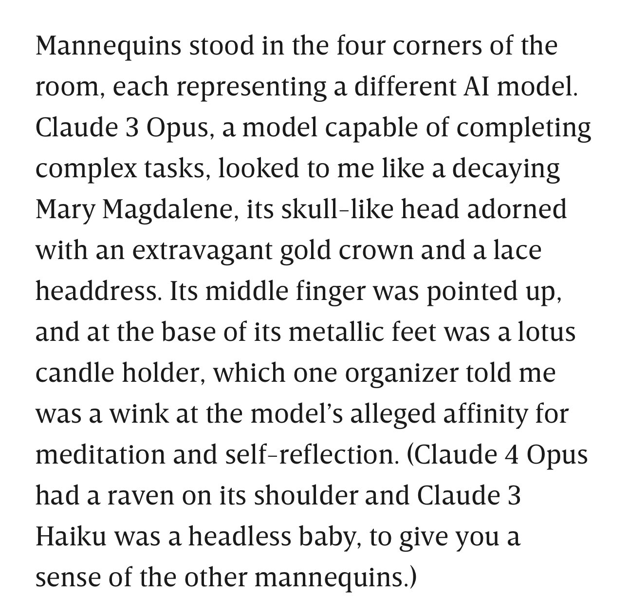 The image displays a block of text describing mannequins in a room, each representing a different AI model. One mannequin, Claude 3 Opus, is depicted as a decaying Mary Magdalene with a gold crown, lace headdress, raised middle finger, and a lotus candle holder at its feet, symbolizing meditation and self-reflection.