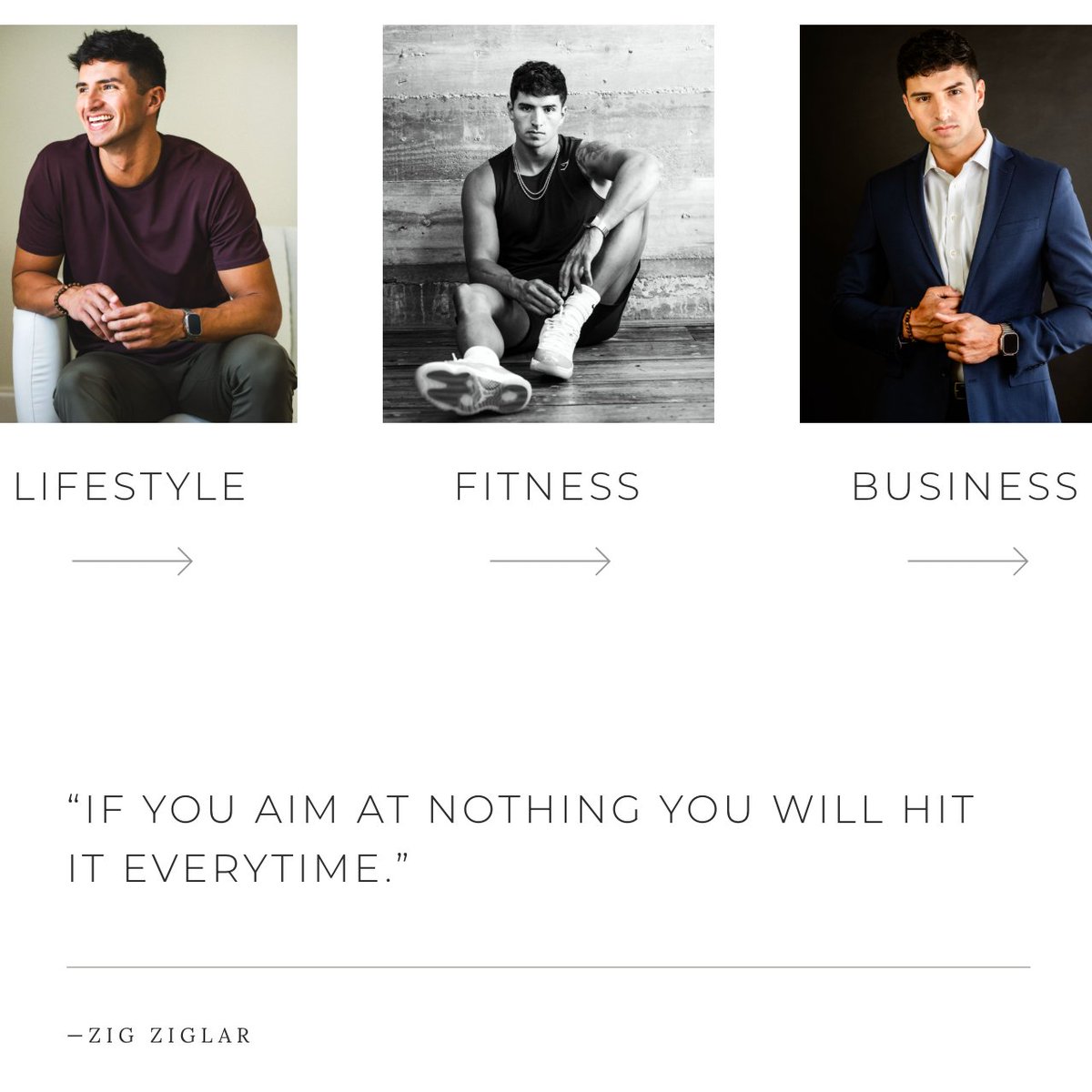 This image displays three photos of a man in different contexts: lifestyle (casual smile), fitness (black and white, athletic), and business (suit and tie), with arrows indicating progression. Below, a quote by Zig Ziglar reads, "If you aim at nothing you will hit it every time."