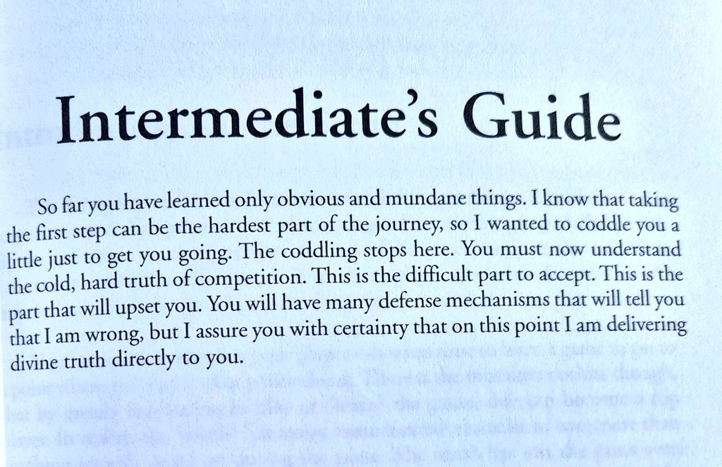 The image displays a page titled "Intermediate's Guide" with text discussing the transition from beginner to intermediate levels, emphasizing the need to accept the harsh realities of competition after initial support has ended.