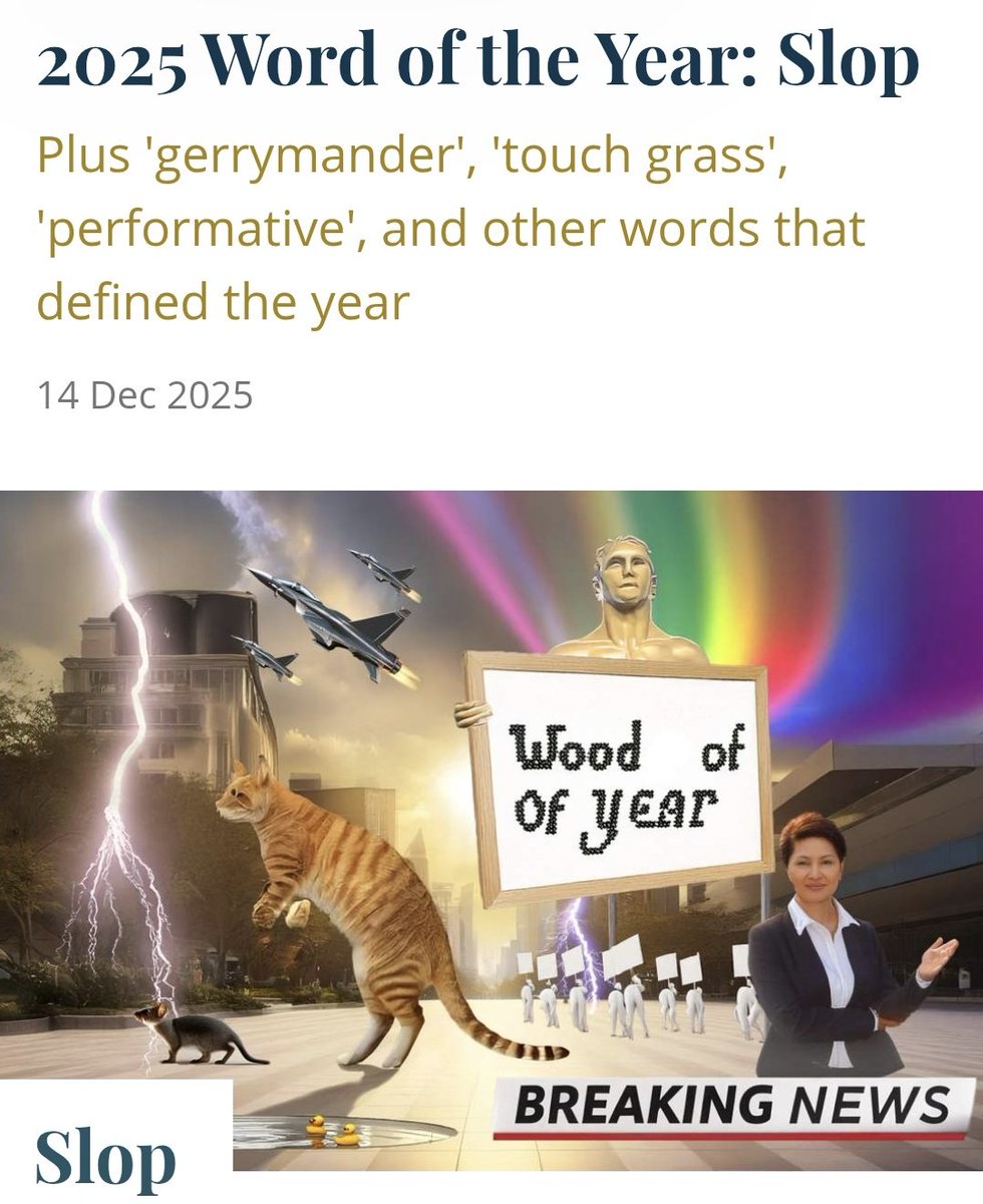 2025 Word of the Year: Slop — a TV broadcast scene rendered as AI slop, with a giant statue, fighter jets, a tabby cat holding a sign that says "Wood of of year," and a news anchor with a "BREAKING NEWS" chyron.