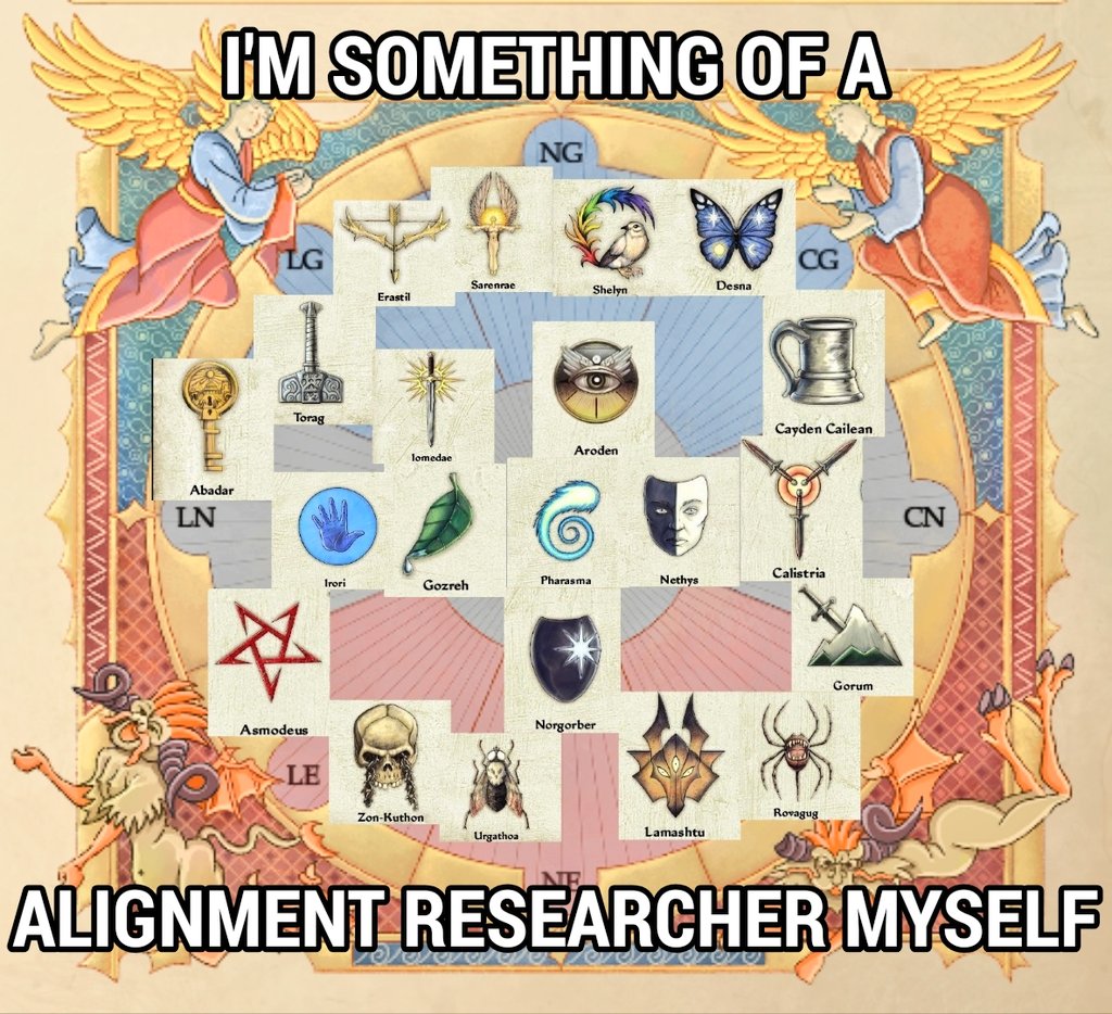This image displays a fantasy alignment chart with various characters and symbols from a fictional universe, categorized by alignment types like Lawful Good, Chaotic Good, etc., framed by ornate angelic figures and labeled “I'M SOMETHING OF A ALIGNMENT RESEARCHER MYSELF.”