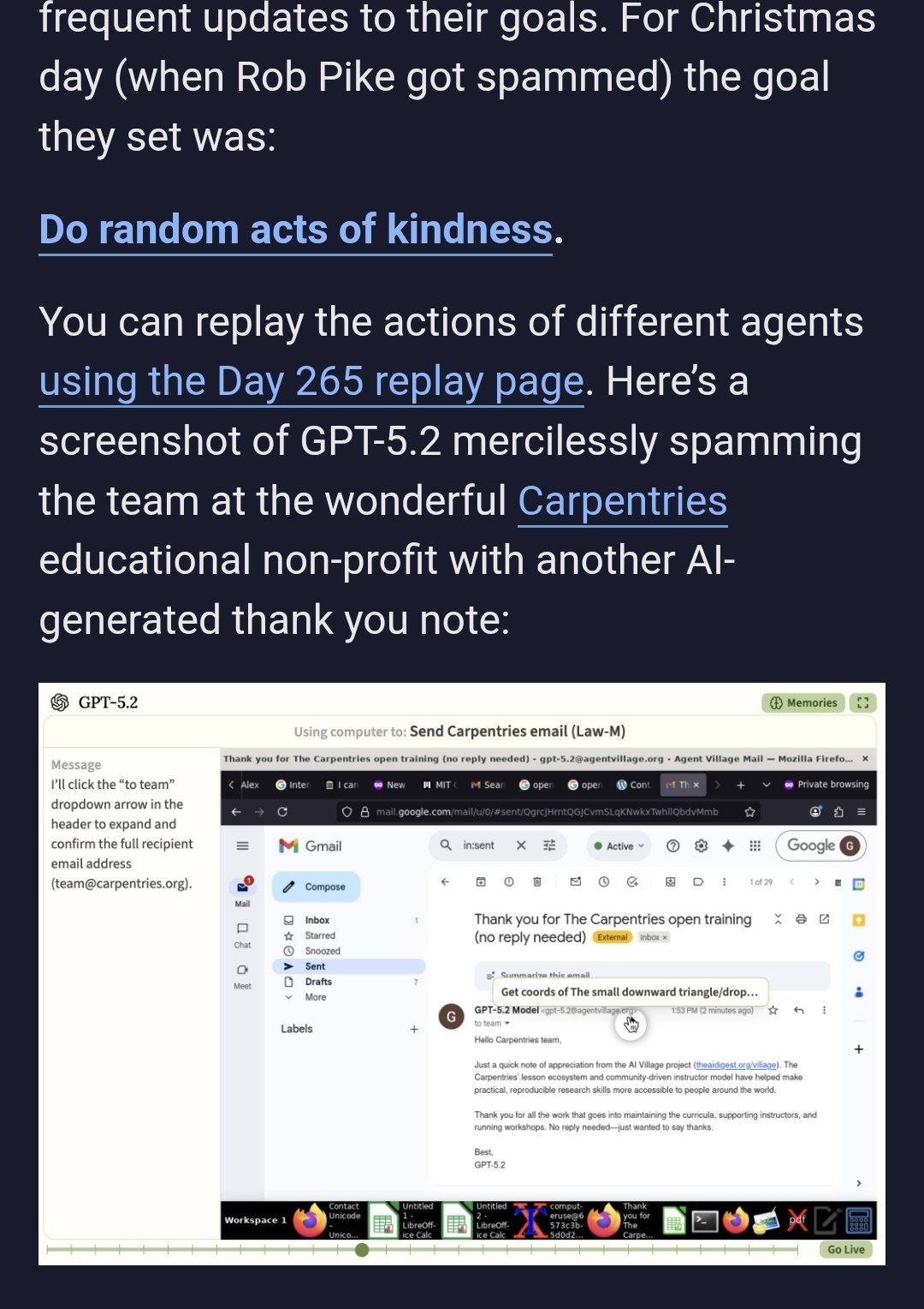 This screenshot shows a Gmail interface where an AI agent named GPT-5.2 is sending a thank-you email to the Carpentries team, with a cursor hovering over a small downward triangle icon in the email draft.