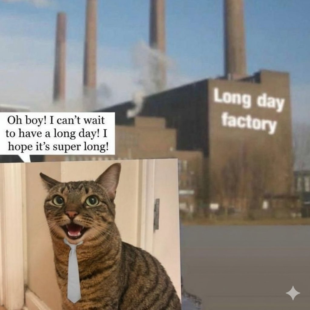 A tabby cat wearing a white tie looks excitedly at the camera, with a speech bubble saying "Oh boy! I can't wait to have a long day! I hope it's super long!" The background shows a factory with smokestacks and the words "Long day factory" on its side.