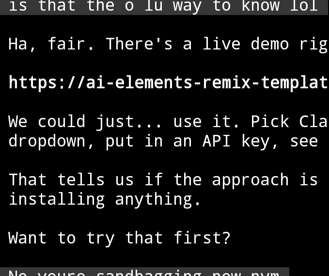 A black screen with white text displaying a chat-style conversation about an AI elements remix template demo, including a URL and suggestions to try a live demo rig by entering an API key.