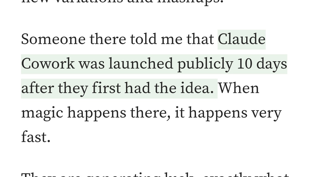 The image displays a snippet of text stating that Claude Cowork was launched publicly 10 days after the initial idea was conceived, with a note that magic happens very fast.