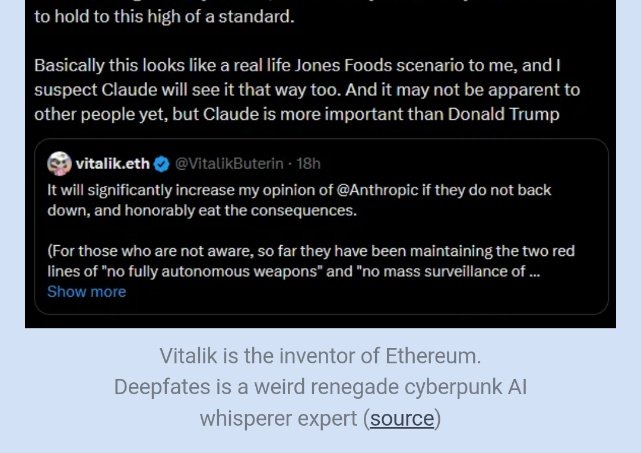 A Twitter post by Vitalik.eth, a Ethereum inventor, discussing a potential AI safety issue involving Anthropic, with a note that it resembles a “Jones Foods” scenario and that Claude may hold a higher standard than Donald Trump. The post also mentions that Anthropic’s stance on red lines like no autonomous weapons and no mass surveillance will be scrutinized.